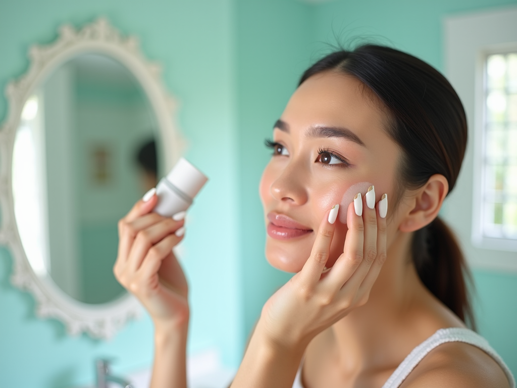 Young woman applying facial cream, looking in mirror, in a brightly lit teal room.