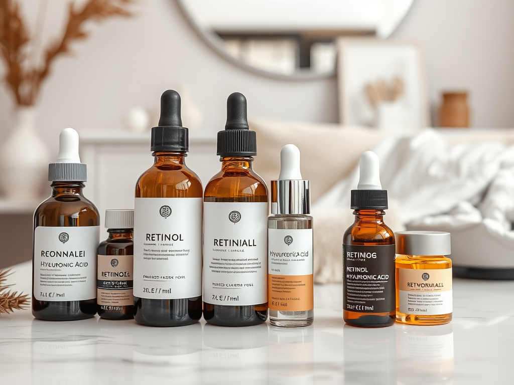 A collection of skincare serums featuring various bottles labeled with ingredients like retinol and hyaluronic acid.