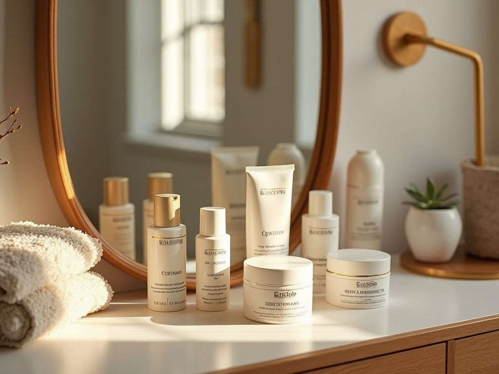 Skincare products on a wooden counter near a round mirror in a sunlit room.