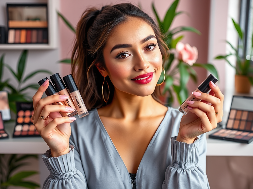 A smiling woman holds makeup bottles, showcasing her beauty products in a well-lit setting with plants in the background.