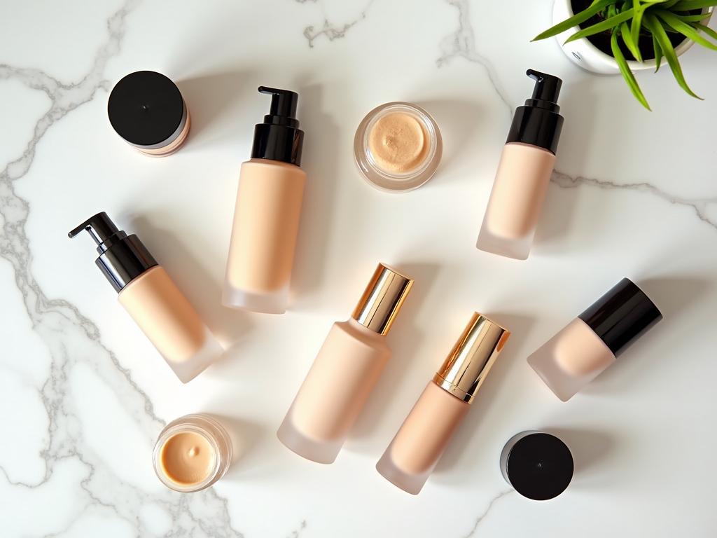 Assorted makeup foundation bottles on a marble surface with a small plant.