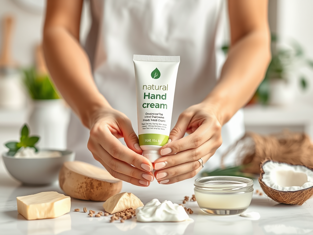 A person holds a tube of natural hand cream, surrounded by ingredients like soap, coconut, and cream on a table.