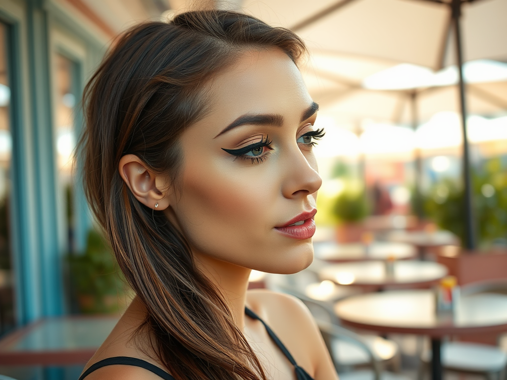 A profile of a woman with striking makeup, featuring bold eyeliner, sitting outdoors with tables in the background.