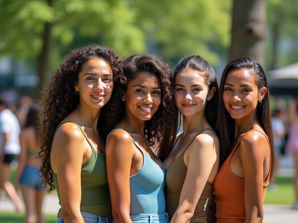 Four women smiling outdoors in a sunny park, wearing casual tank tops.