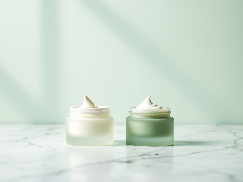 Two jars of cream on a marble surface with pastel green background.