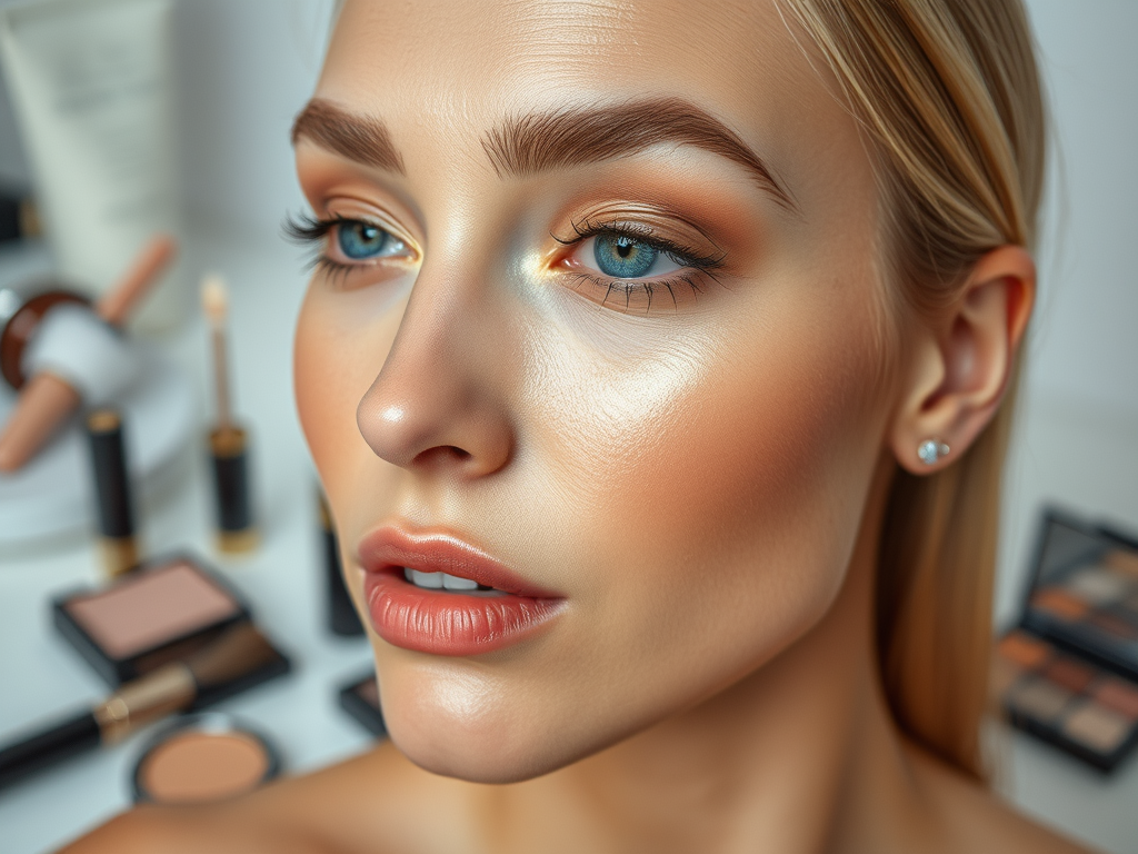 A close-up of a woman’s face showcasing makeup with highlighted cheeks and soft lips, surrounded by beauty products.