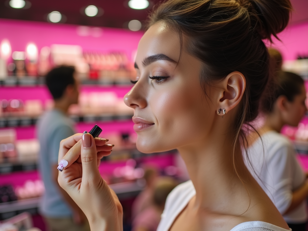 Woman trying on lipstick in a busy cosmetics store with pink shelves in the background.