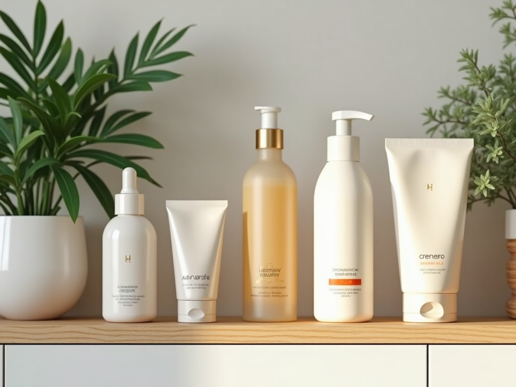 Assorted skincare products displayed on a wooden shelf with plants.