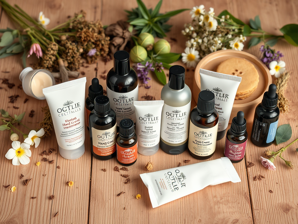 A collection of skincare products arranged on a wooden surface, surrounded by dried flowers and greenery.