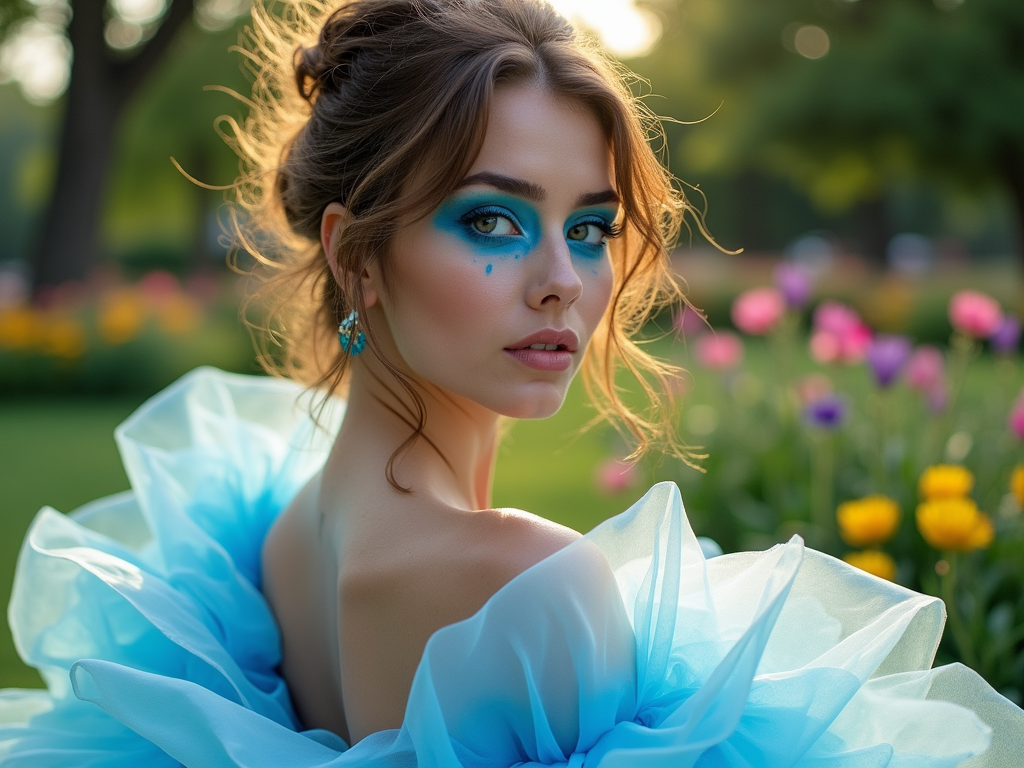 Woman with blue eye makeup and earrings, wearing a light blue dress, in a garden at sunset.