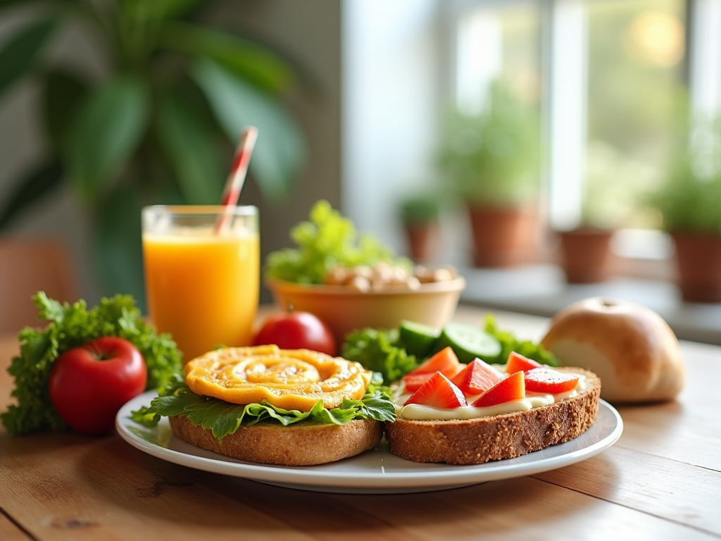 Healthy breakfast with fried egg on toast, fresh juice, and mixed fruits beside a sunny window.