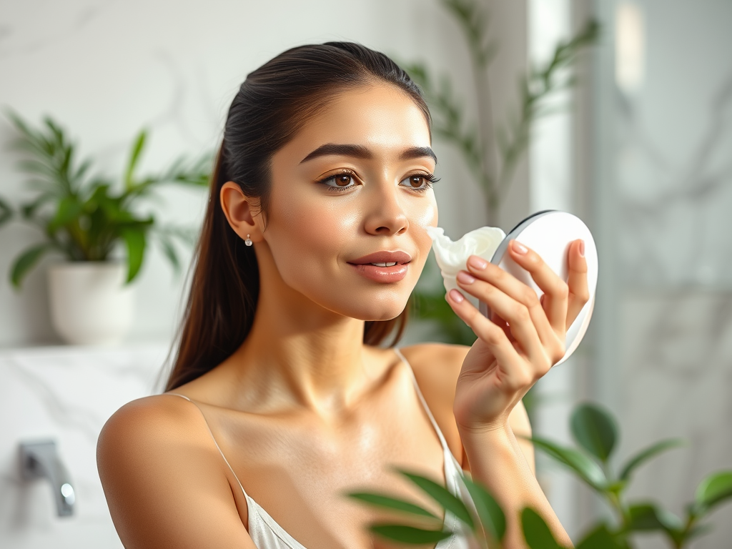 A woman applying moisturizer to her face while looking into a mirror, surrounded by lush green plants.