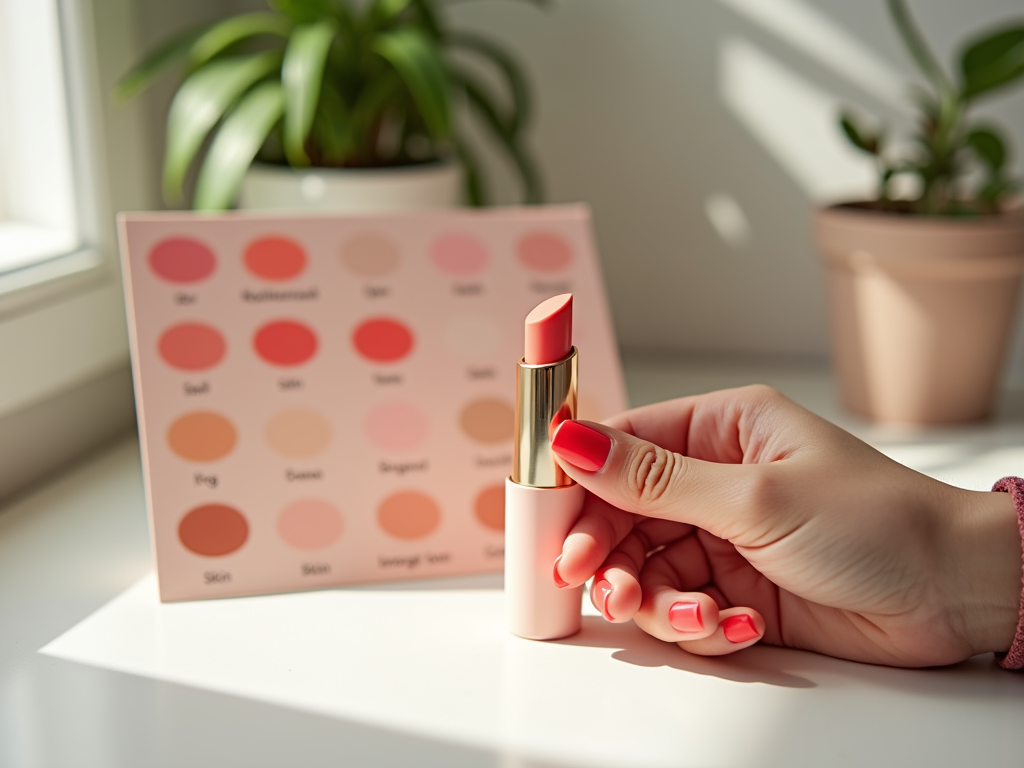 Woman holding lipstick with color chart in the background.