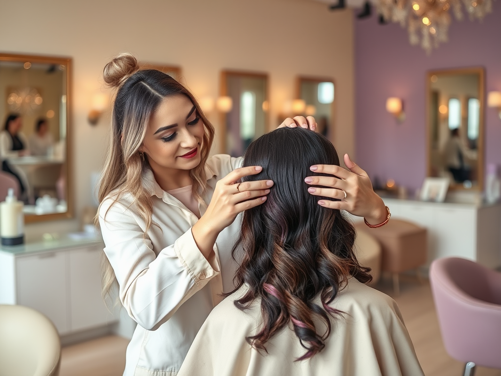 A hairstylist gently styles a client's wavy hair in a modern salon setting. Soft lighting and elegant decor abound.