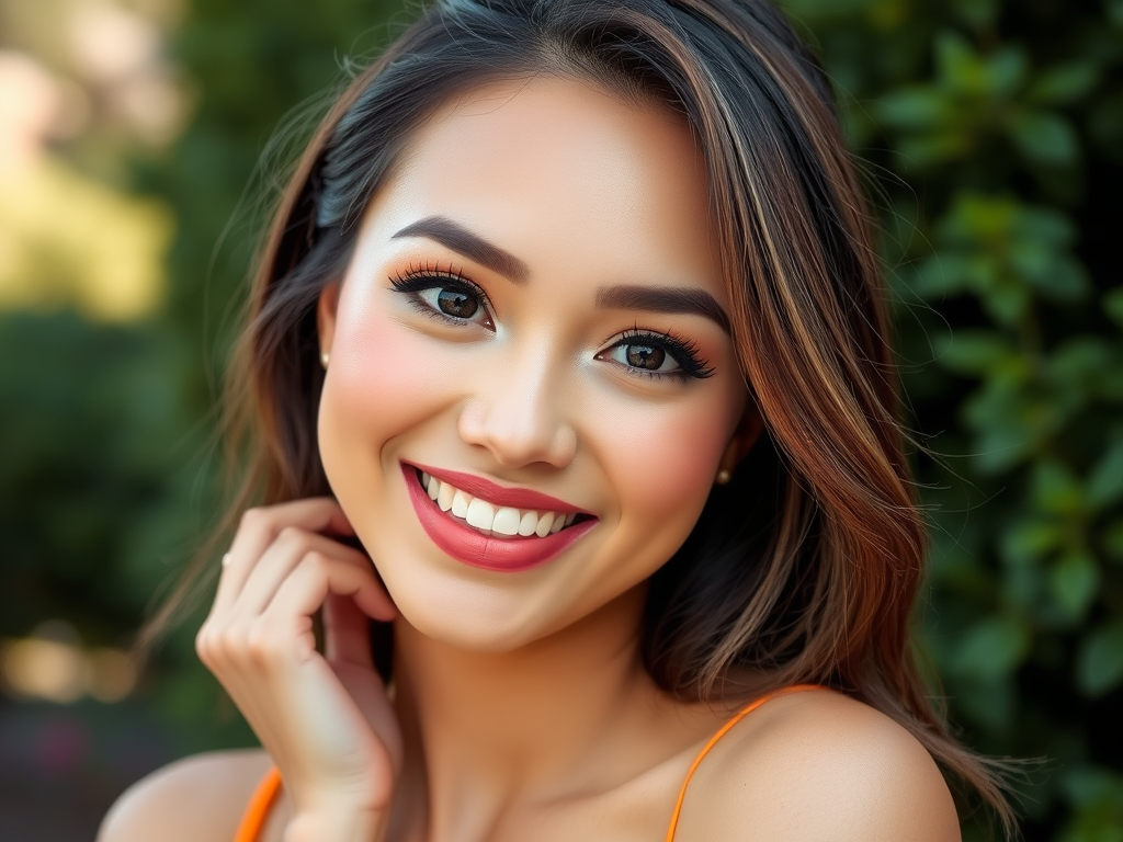 A smiling young woman with long, wavy hair and vibrant makeup stands outdoors against a green background.