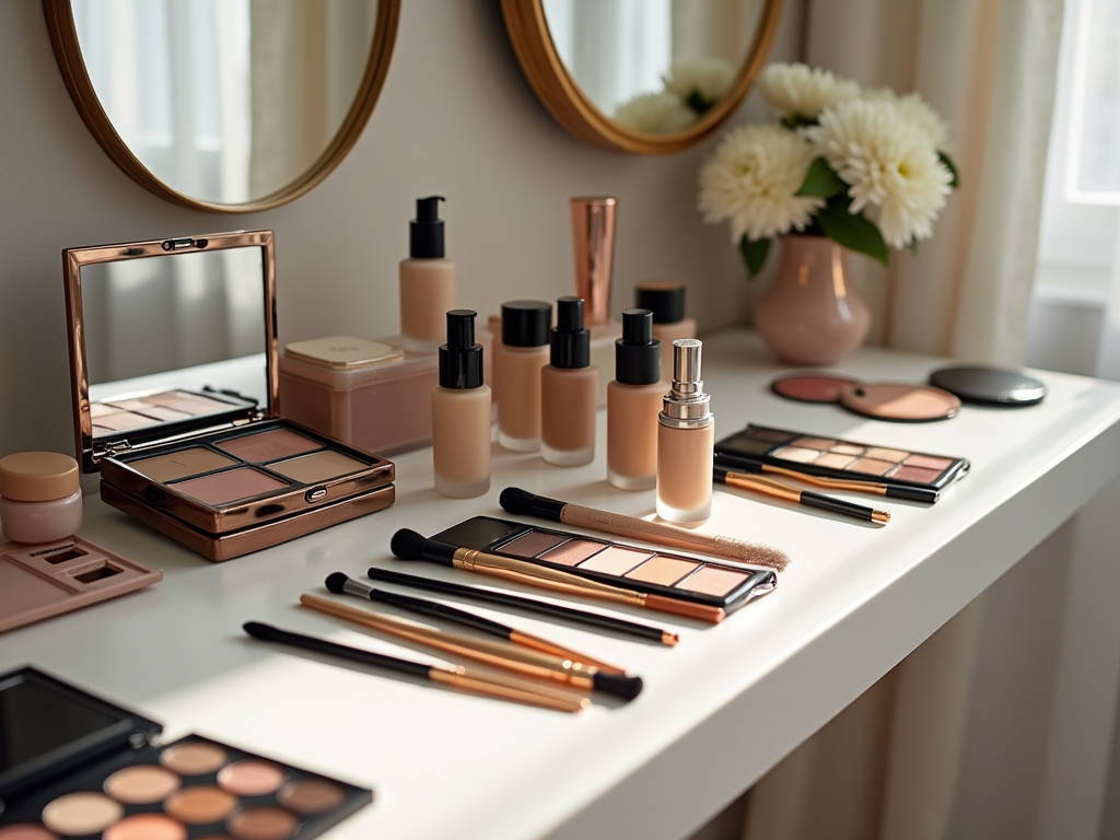 Assorted makeup products on a vanity, including foundations, brushes, and palettes.