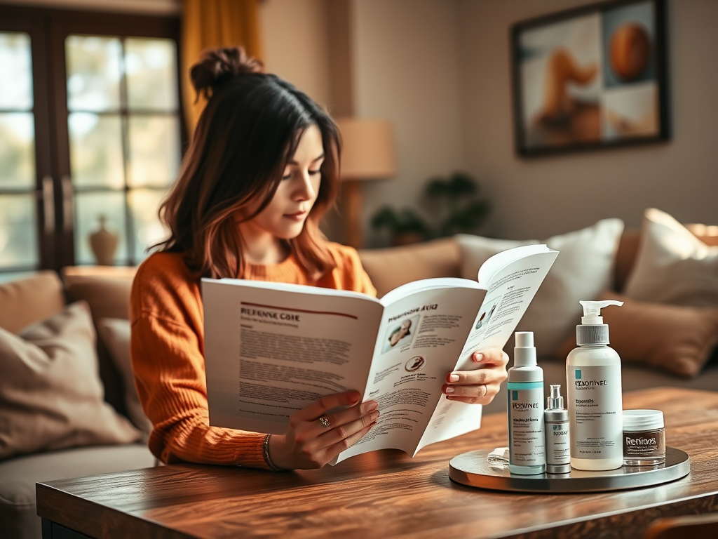 A woman in an orange sweater reads a skincare guide, with products displayed on the table in a cozy living room.