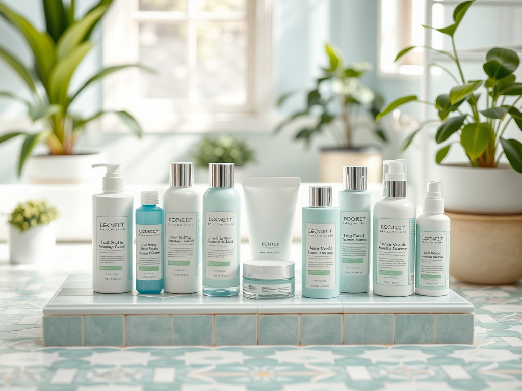 A variety of skincare products arranged on a counter with green plants and a bright, sunny background.