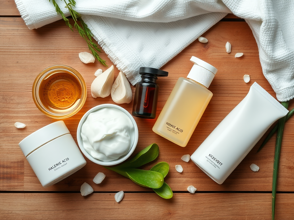 A flat lay of skincare products, including creams, oils, and a towel, arranged on a wooden surface with leaves.