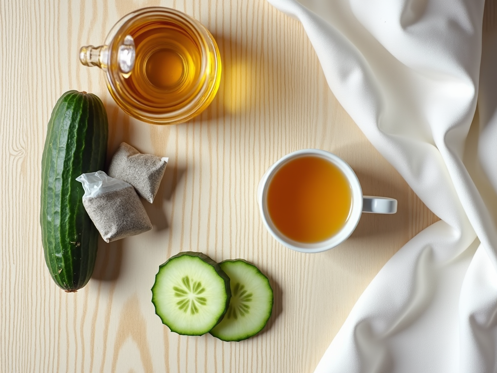 Tea cup, tealight, cucumber slices, and teabags on a wooden surface with a white cloth.