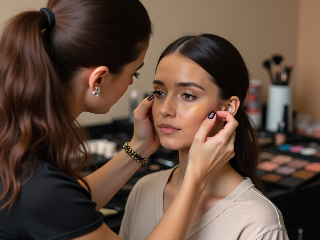 Makeup artist applying cosmetics to a young woman in a salon.