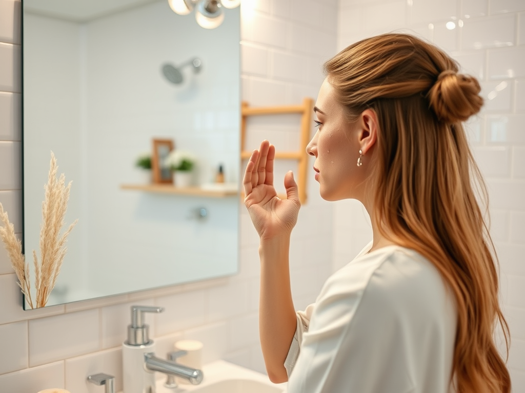 A woman with long hair is applying skincare while looking at her reflection in a bathroom mirror.