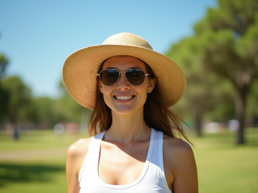 Woman in straw hat and sunglasses smiling in sunny park.