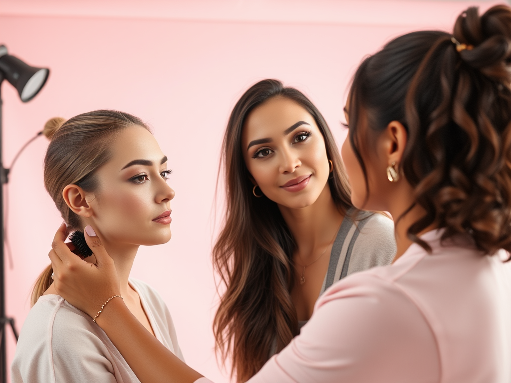 Two women engage in a stylish hair and makeup session, surrounded by soft pink tones and gentle lighting.
