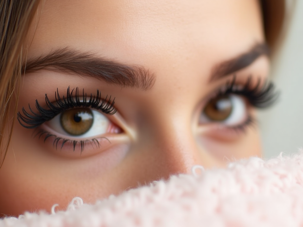 Close-up of a woman's eyes with long eyelashes, peeking above a pink fuzzy fabric.