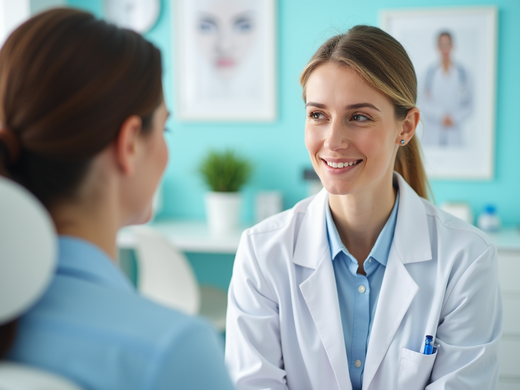 Female doctor smiling at a patient in a brightly lit medical office.