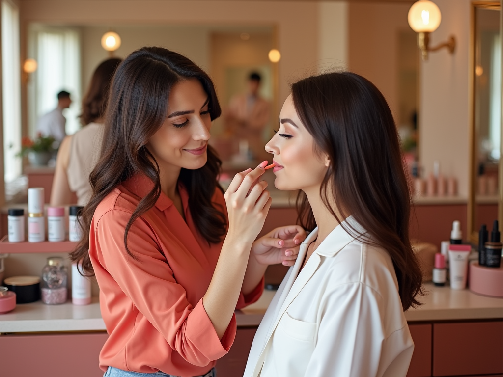 Makeup artist applying lipstick to a woman in a salon with cosmetics in the background.