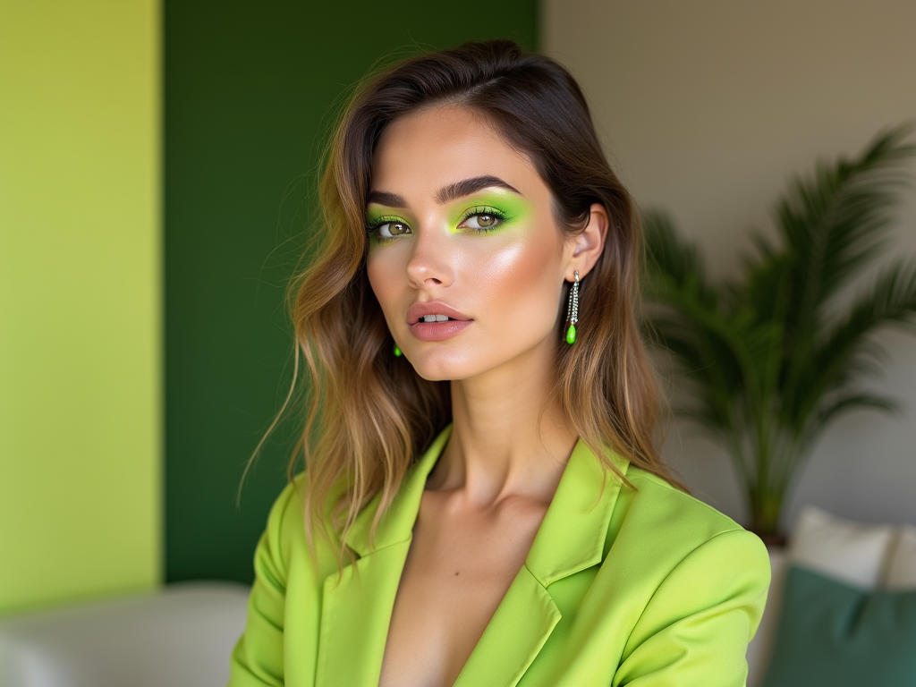 Woman with green eye makeup and a lime blazer, posing in a green room.