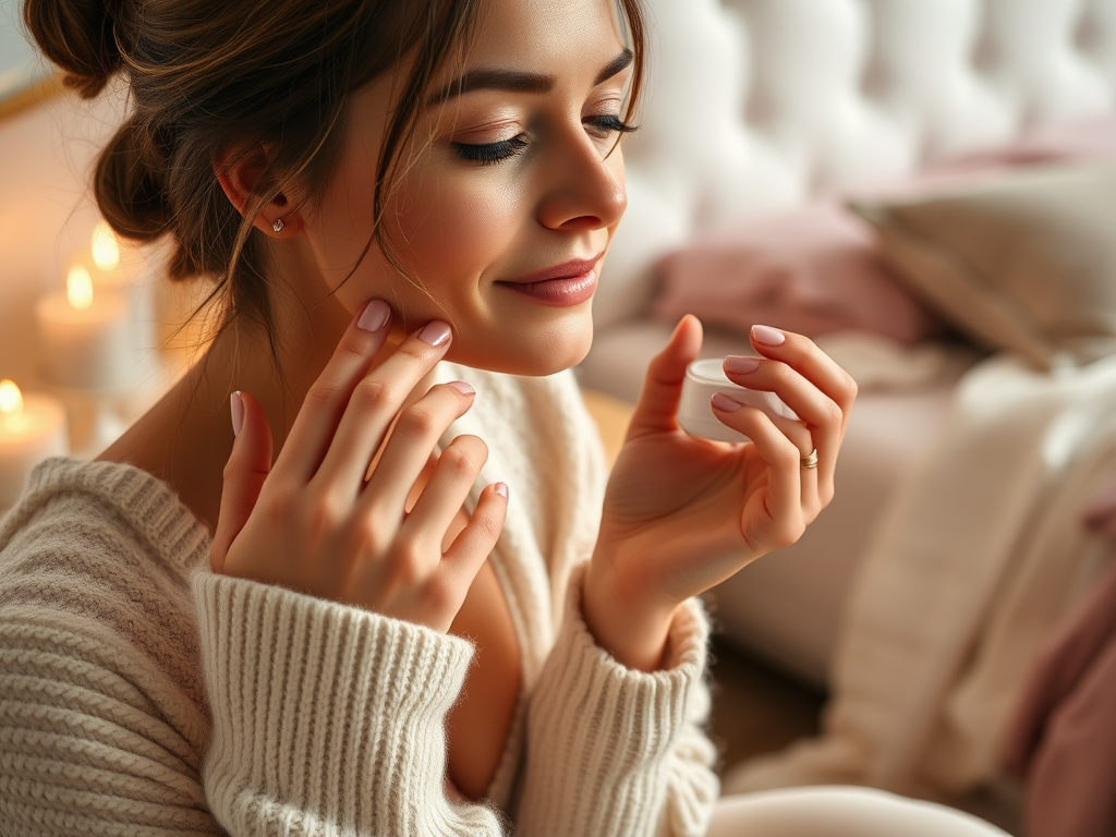 A woman in a cozy sweater smiles softly, holding a small container while gently touching her face, with candles in the background.