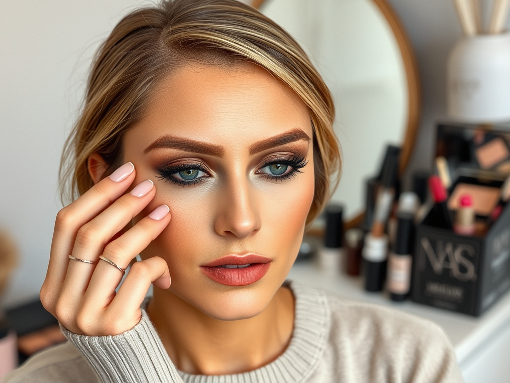 A close-up of a woman showcasing elegant makeup, with a focus on her blue eyes and soft pink lips.