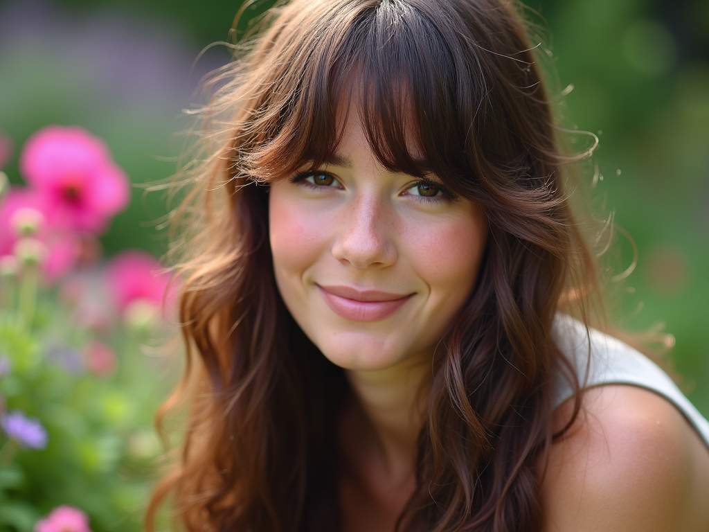 Young woman smiling with pink flowers in the background.