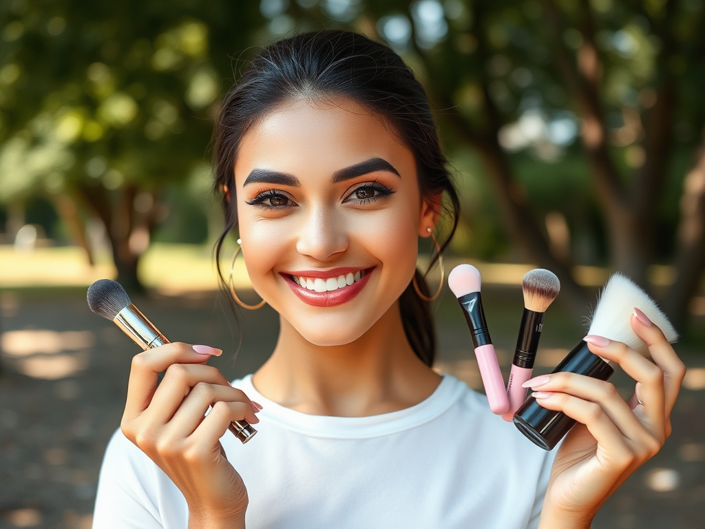 A young woman smiling holds various makeup brushes, surrounded by greenery in a bright outdoor setting.