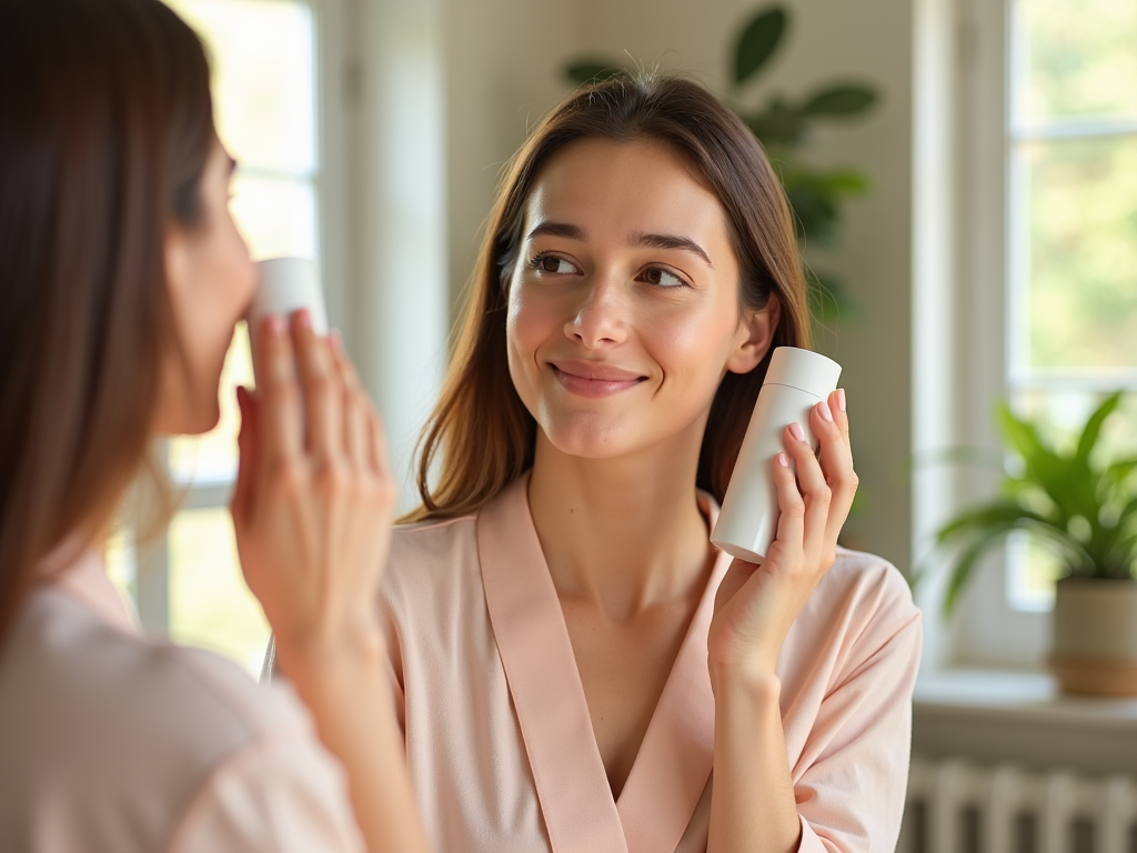 Young woman holding skincare product, admiring her reflection in a mirror, smiling in a sunlit room.