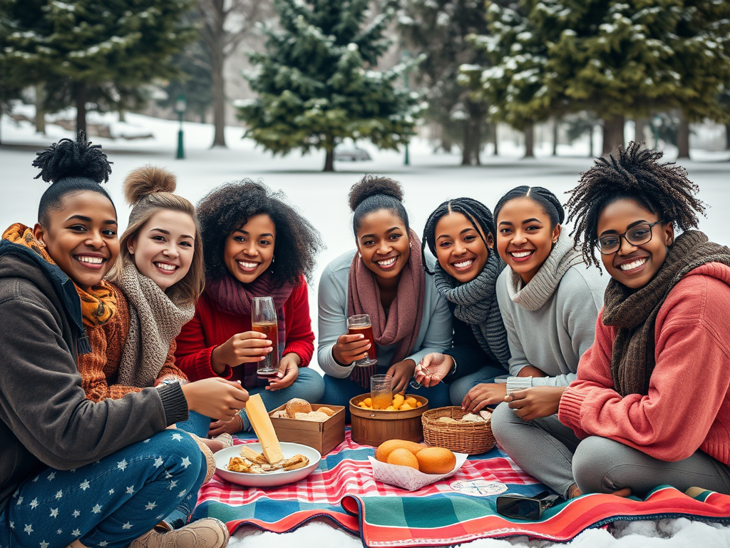 A group of eight women enjoying a winter picnic on a blanket, surrounded by snow and pine trees, smiling and sharing food.