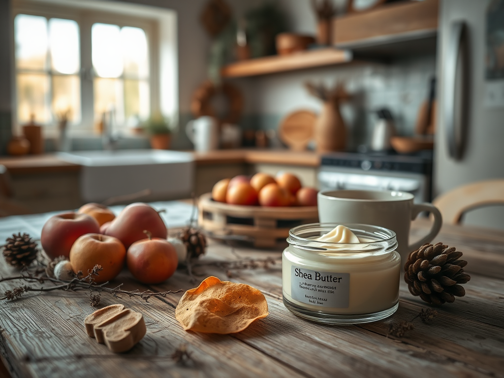 A cozy kitchen scene with apples, a candle, and shea butter, creating a warm, inviting atmosphere.