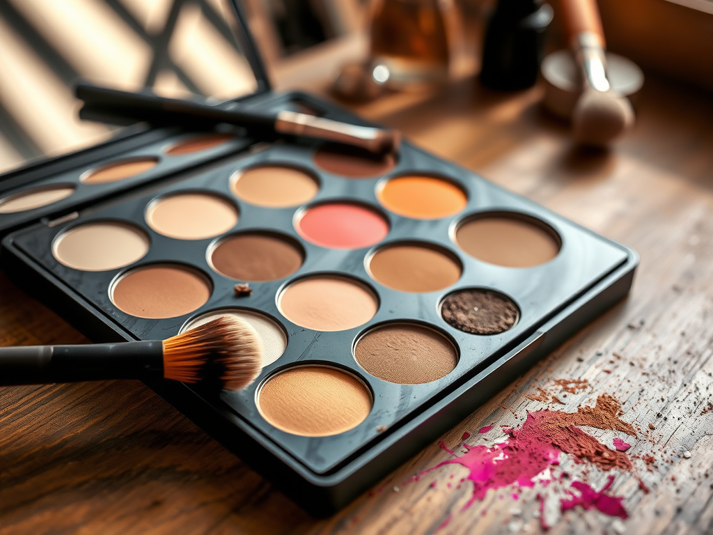 A makeup palette with various shades, a brush resting on it, and spilled powder on a wooden surface.
