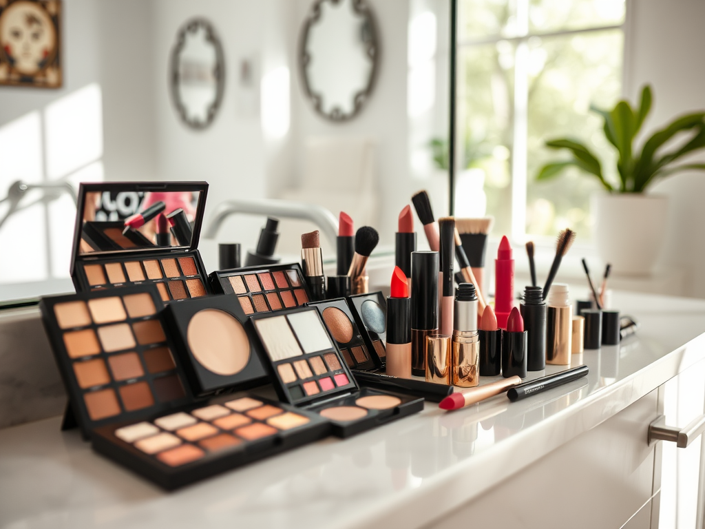 A variety of makeup products, including palettes, lipsticks, and brushes, arranged on a countertop in natural light.