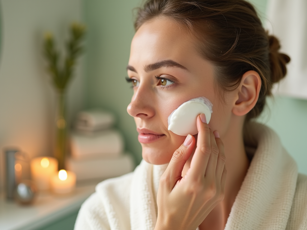 Woman applying cream to her face with a sponge in a serene bathroom setting.