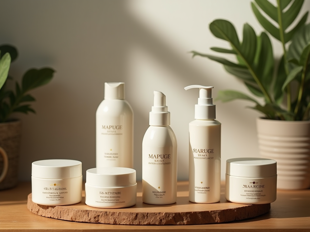 Assortment of skincare products on a wooden tray, surrounded by indoor plants in soft lighting.