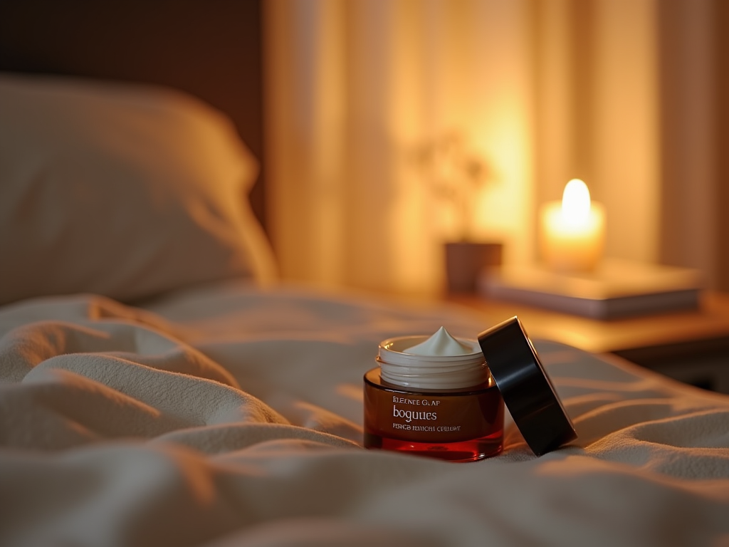 A jar of cream on a bed with soft lighting and a candle in the background.