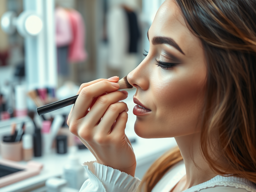 A woman applies makeup to her nose using a brush, with various beauty products in the background.