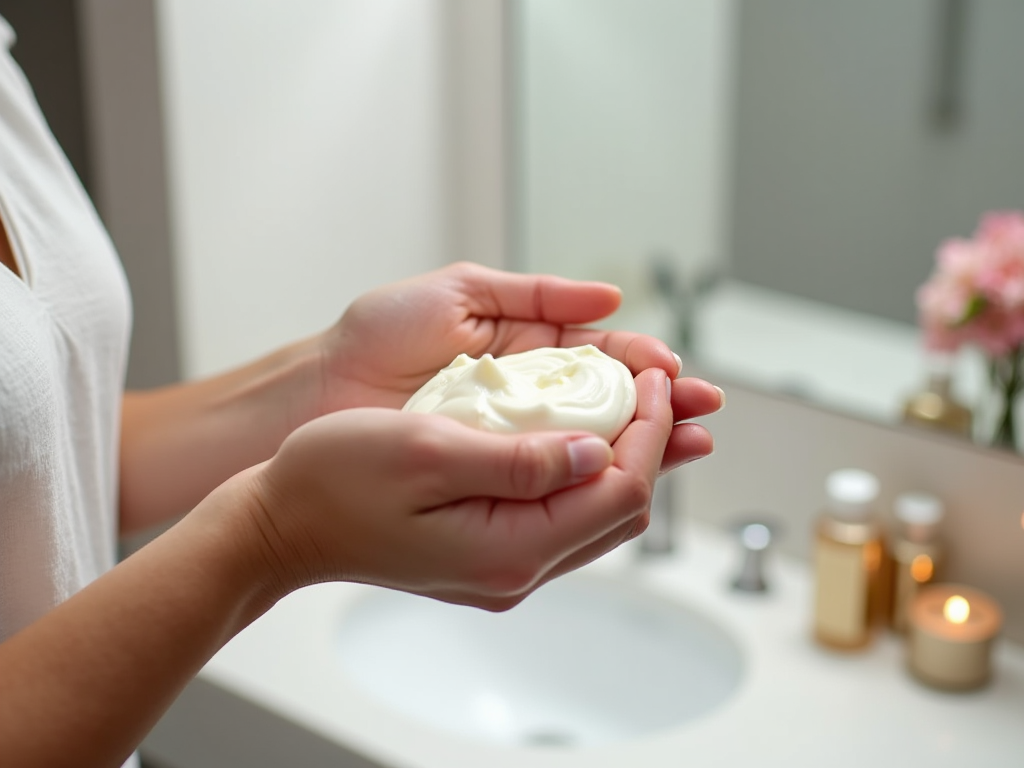 Hands holding a dollop of cream with bathroom sink and toiletries in the background.