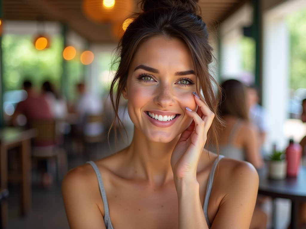 Smiling young woman with hand on cheek in a busy cafe, surrounded by soft background lights.