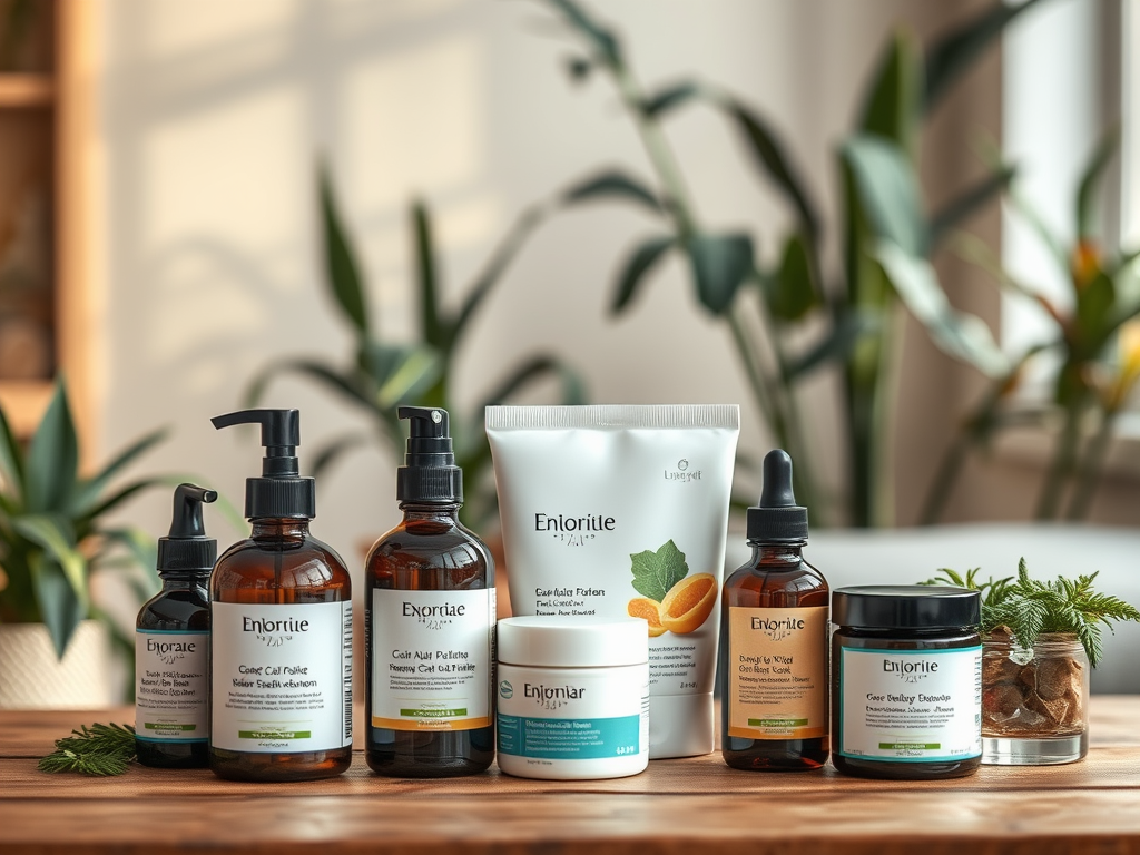 A collection of skincare products displayed on a wooden surface, surrounded by greenery and bright, natural light.